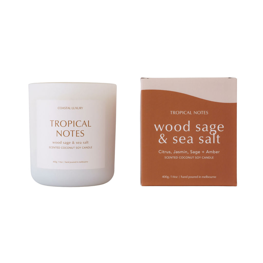 Tropical Notes Wood Sage and Sea Salt signature coconut soy candle in white jar with packaging, hand-poured for a luxury home fragrance.