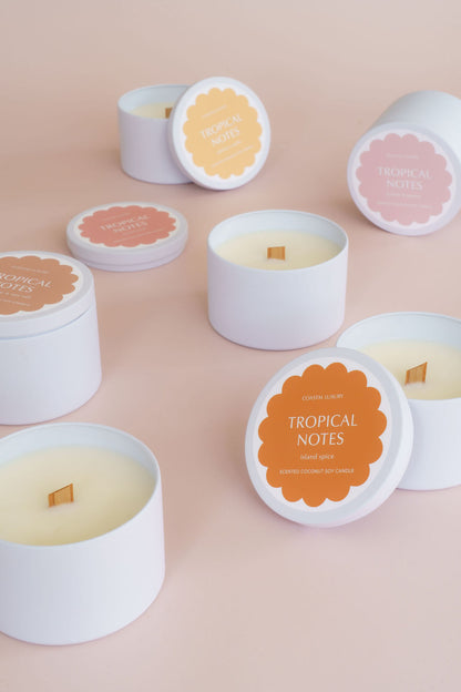 Collection of soy travel tin candles in assorted scents — perfect for beach lovers and coastal home décor