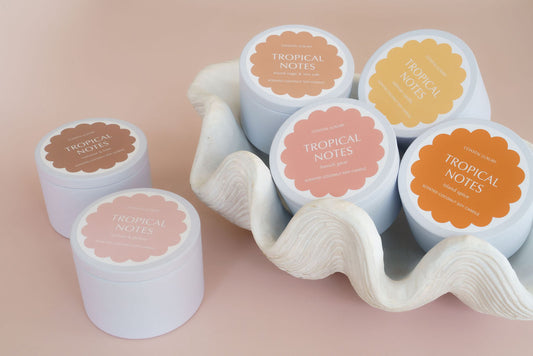 Collection of coconut soy travel tin candles in assorted scents, styled inside a natural seashell — perfect for beach lovers and coastal home décor.