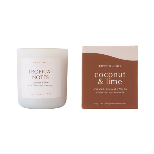 Tropical Notes Coconut and Lime signature coconut soy candle in white jar with packaging, hand-poured for a luxury home fragrance.
