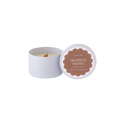 Tropical Notes Coconut and Lime travel tin candle with minimalist design, portable coconut soy wax candle perfect for travel or gifting.