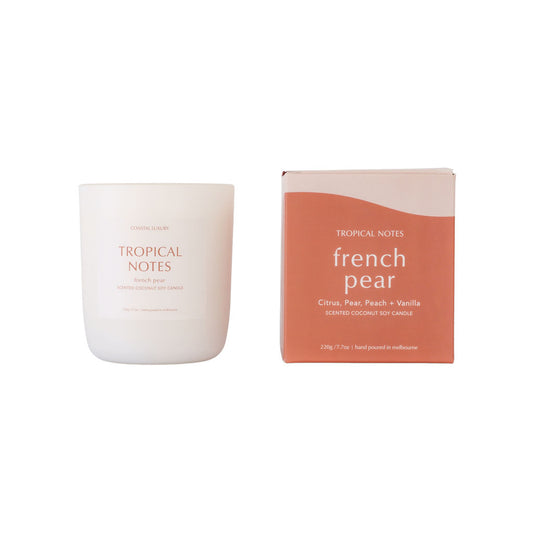 Tropical Notes French Pear signature coconut soy candle in white jar with packaging, hand-poured for a luxury home fragrance.