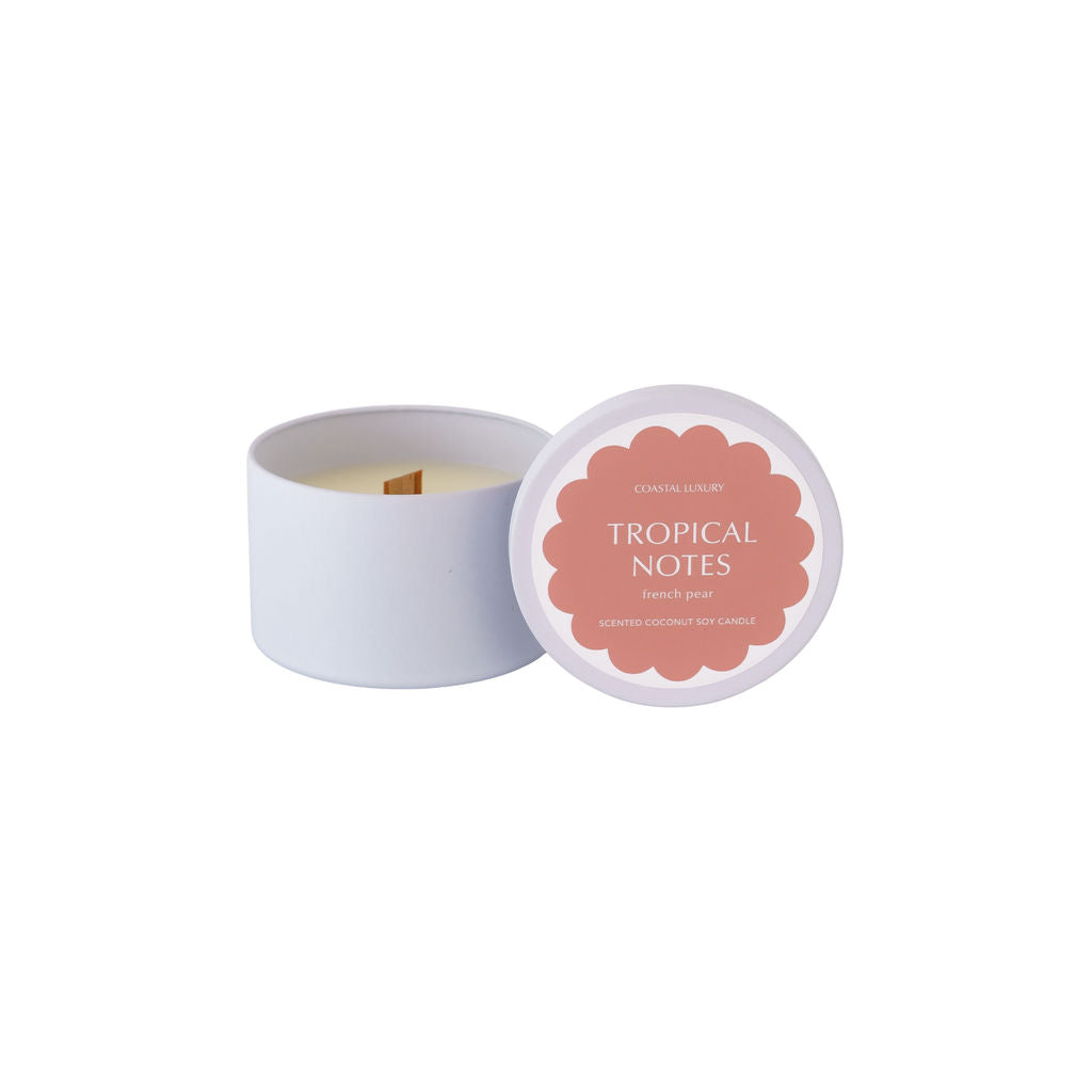 Tropical Notes French Pear travel tin candle with minimalist design, portable coconut soy wax candle perfect for travel or gifting.