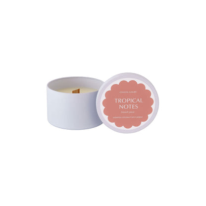 Tropical Notes French Pear travel tin candle with minimalist design, portable coconut soy wax candle perfect for travel or gifting.