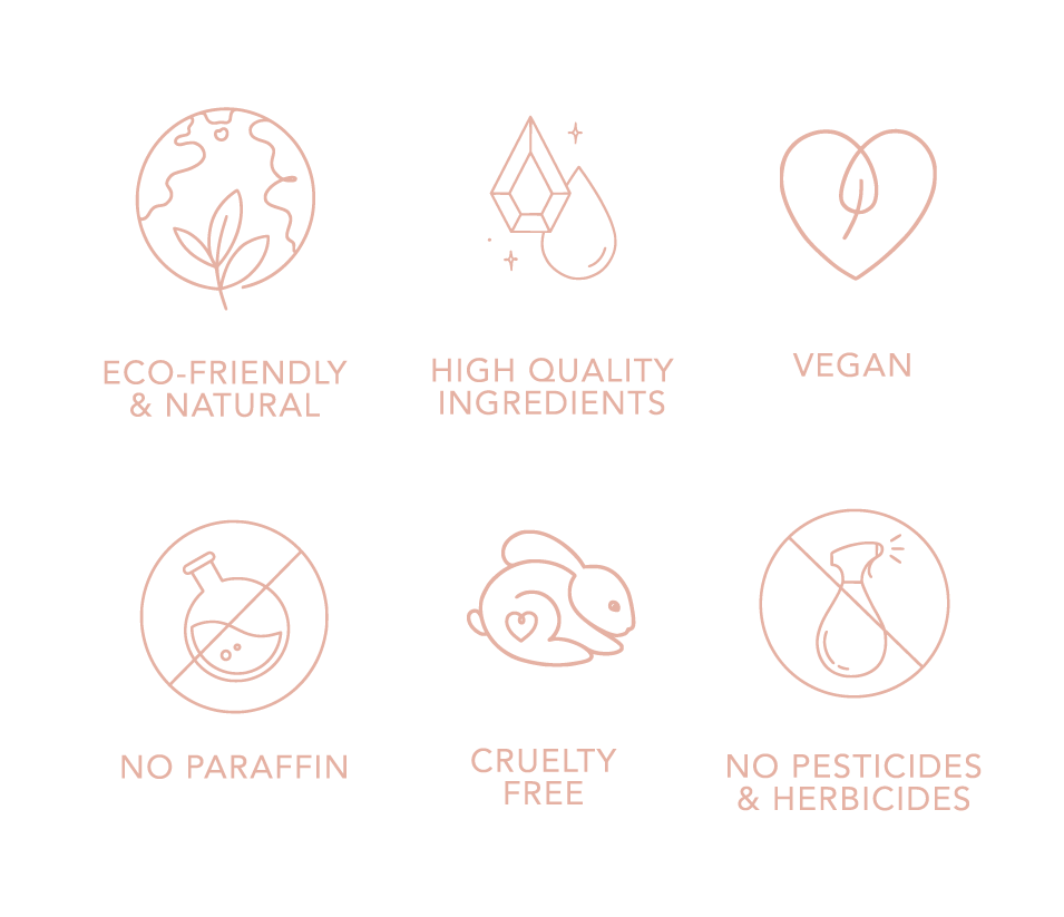 Set of icons and text highlighting eco-friendly, high quality ingredients, vegan, no paraffin, cruelty-free, and no pesticides/herbicides attributes on a white background.