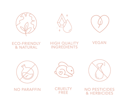 Set of icons and text highlighting eco-friendly, high quality ingredients, vegan, no paraffin, cruelty-free, and no pesticides/herbicides attributes on a white background.