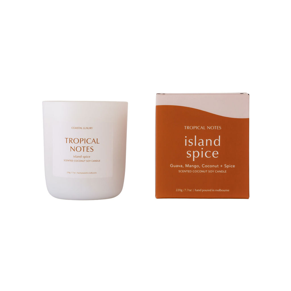 Tropical Notes Island Spice signature coconut soy candle in white jar with packaging, hand-poured for a luxury home fragrance.