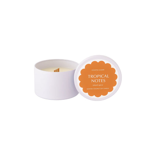 Tropcial Notes Island Spice travel tin candle with minimalist design, portable coconut soy wax candle perfect for travel or gifting.