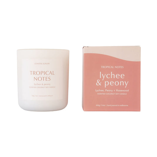 Tropical Notes Lychee and Peony signature coconut soy candle in white jar with packaging, hand-poured for a luxury home fragrance.