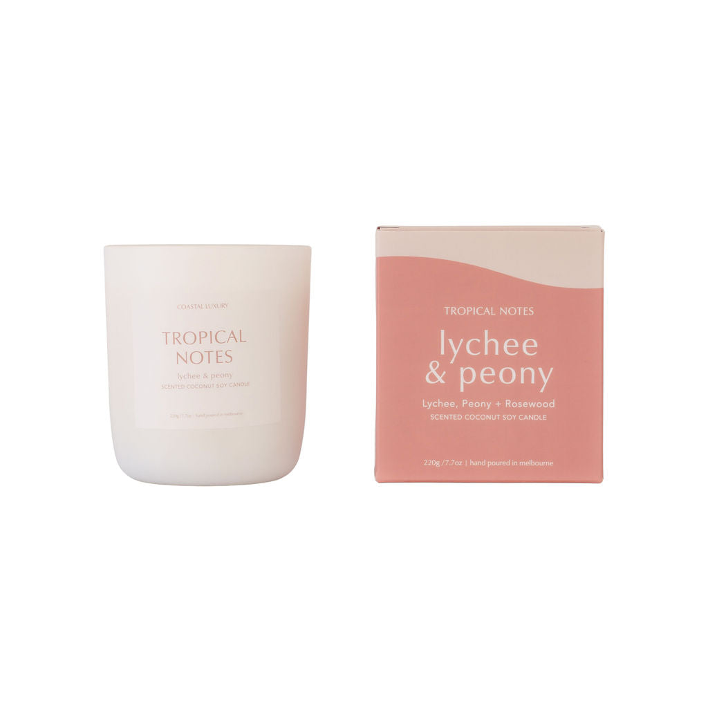 Tropical Notes Lychee and Peony signature coconut soy candle in white jar with packaging, hand-poured for a luxury home fragrance.