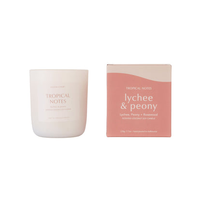 Tropical Notes Lychee and Peony signature coconut soy candle in white jar with packaging, hand-poured for a luxury home fragrance.