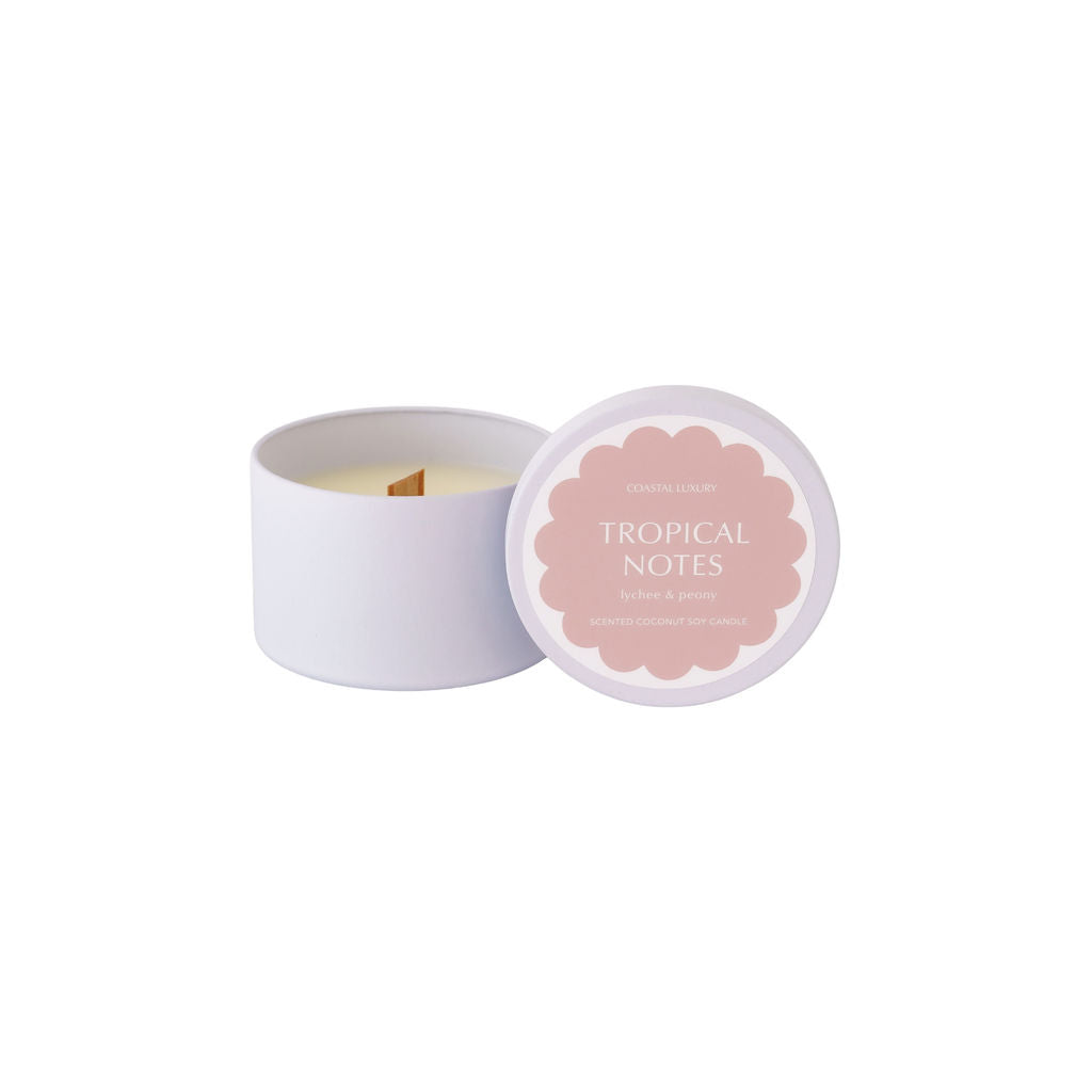 Tropical Notes Lychee and Peony travel tin candle with minimalist design, portable coconut soy wax candle perfect for travel or gifting.