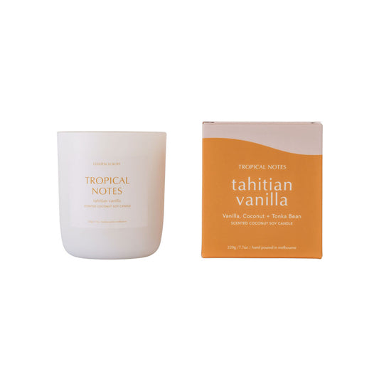 Tropical Notes Tahitian Vanilla signature coconut soy candle in white jar with packaging, hand-poured for a luxury home fragrance. 