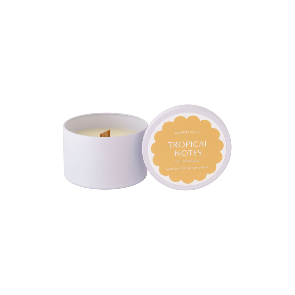 Tropical Notes Tahitian Vanilla travel tin candle with minimalist design, portable coconut soy wax candle perfect for travel or gifting.